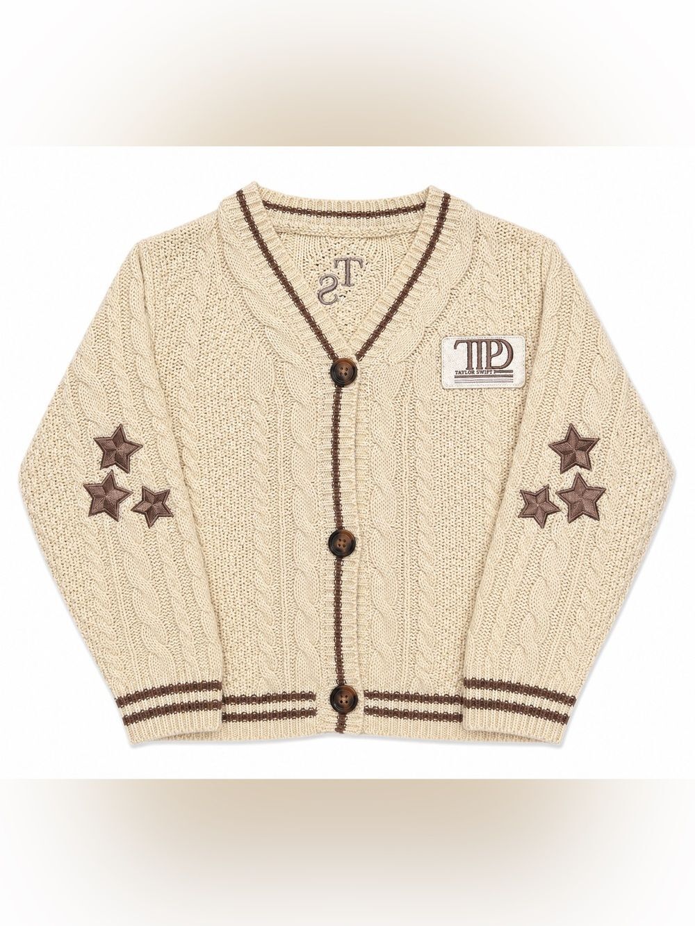 Taylor Swift TTPD Cardigan Adult XS/SM Cream Cable Knit Sweater Stars TS Patch